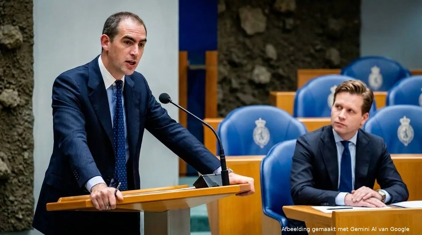 FVD-Kamerlid Peter van Duijvenvoorde spreekt in de Tweede Kamer terwijl VVD-minister Vincent Karremans in Vak K zit.