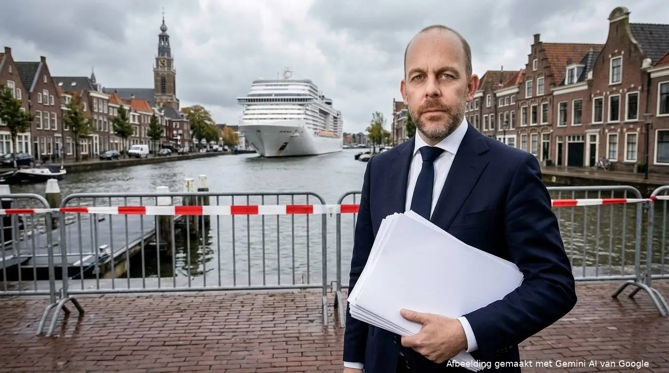 CDA-minister Bart van den Brink met asieldossiers bij een afgesloten aanlegsteiger en een vertrekkend schip in Alkmaar.