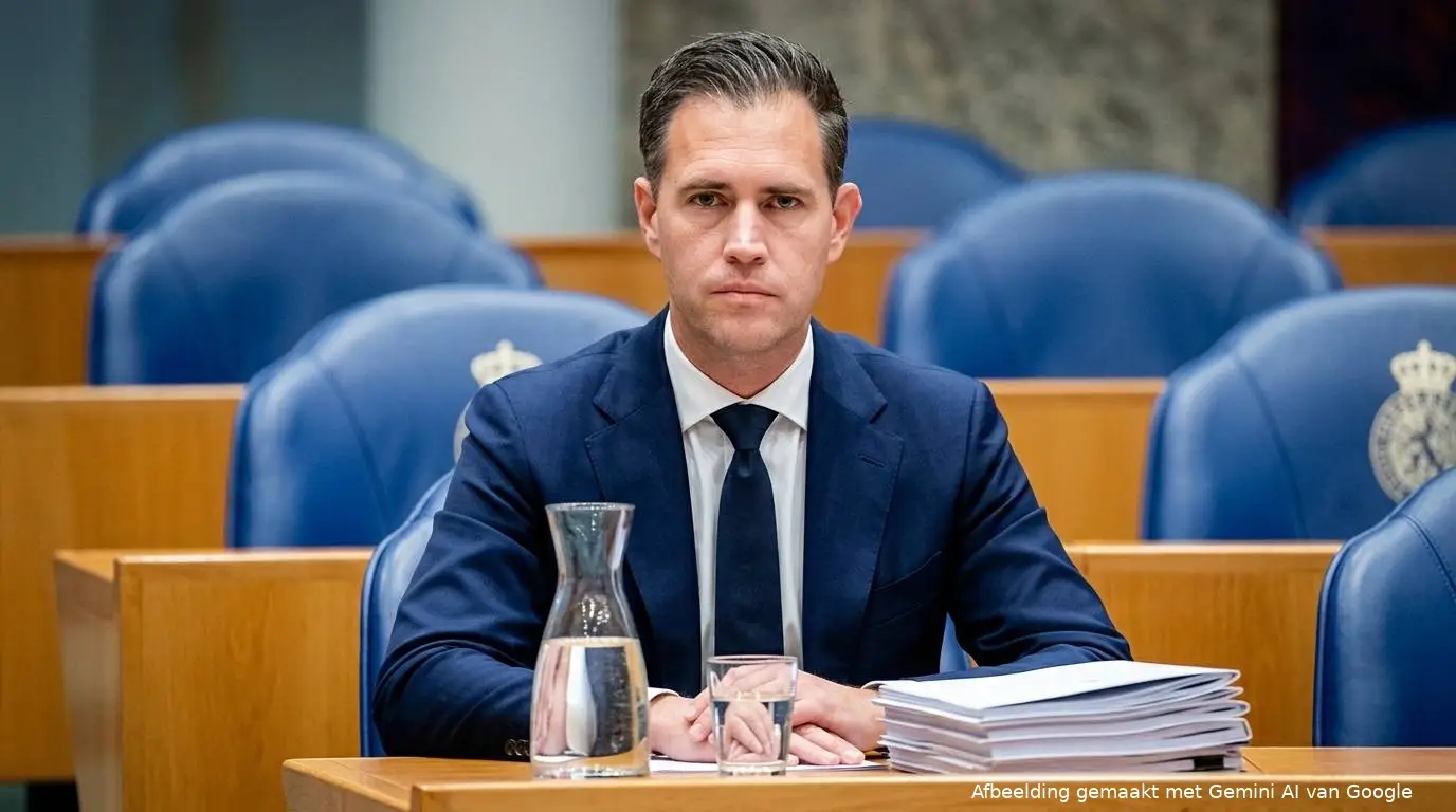 VVD-minister van Financiën Eelco Heinen bij zijn begrotingsstukken en een karaf kraanwater in de Tweede Kamer.