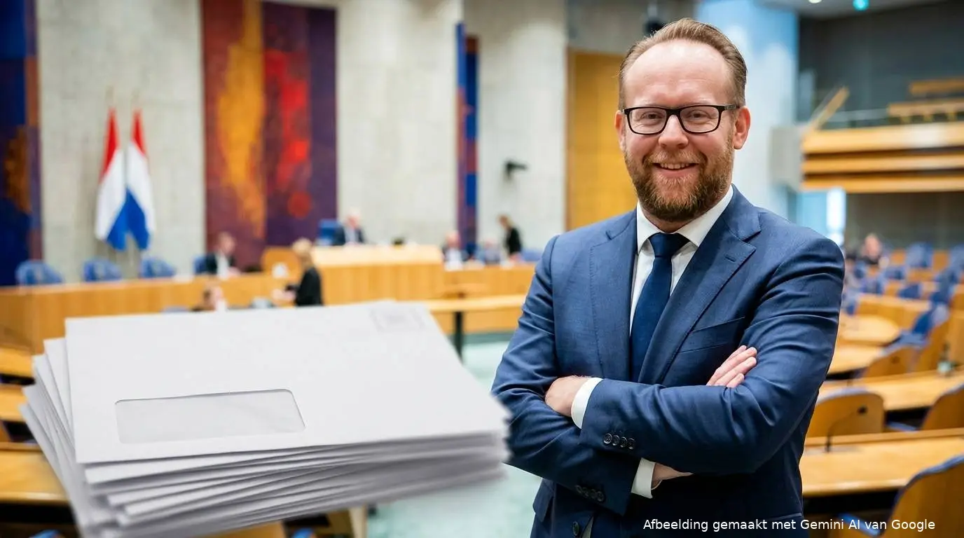CDA-minister Pieter Heerma in de Tweede Kamer, op de voorgrond gemeentelijke aanslagen voor de ozb