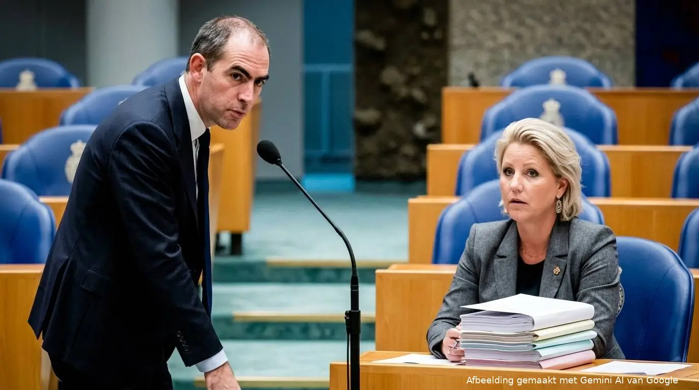 FVD-Kamerlid Peter van Duijvenvoorde bij de interruptiemicrofoon tegenover D66-minister Rianne Letschert in de Kamer.