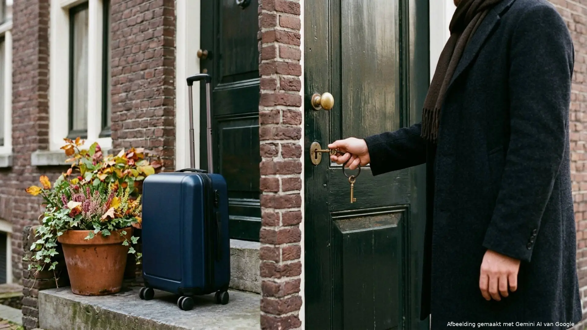 Persoon in donkere jas steekt een koperen sleutel in een donkergroene voordeur naast een blauwe rolkoffer en een bloempot.