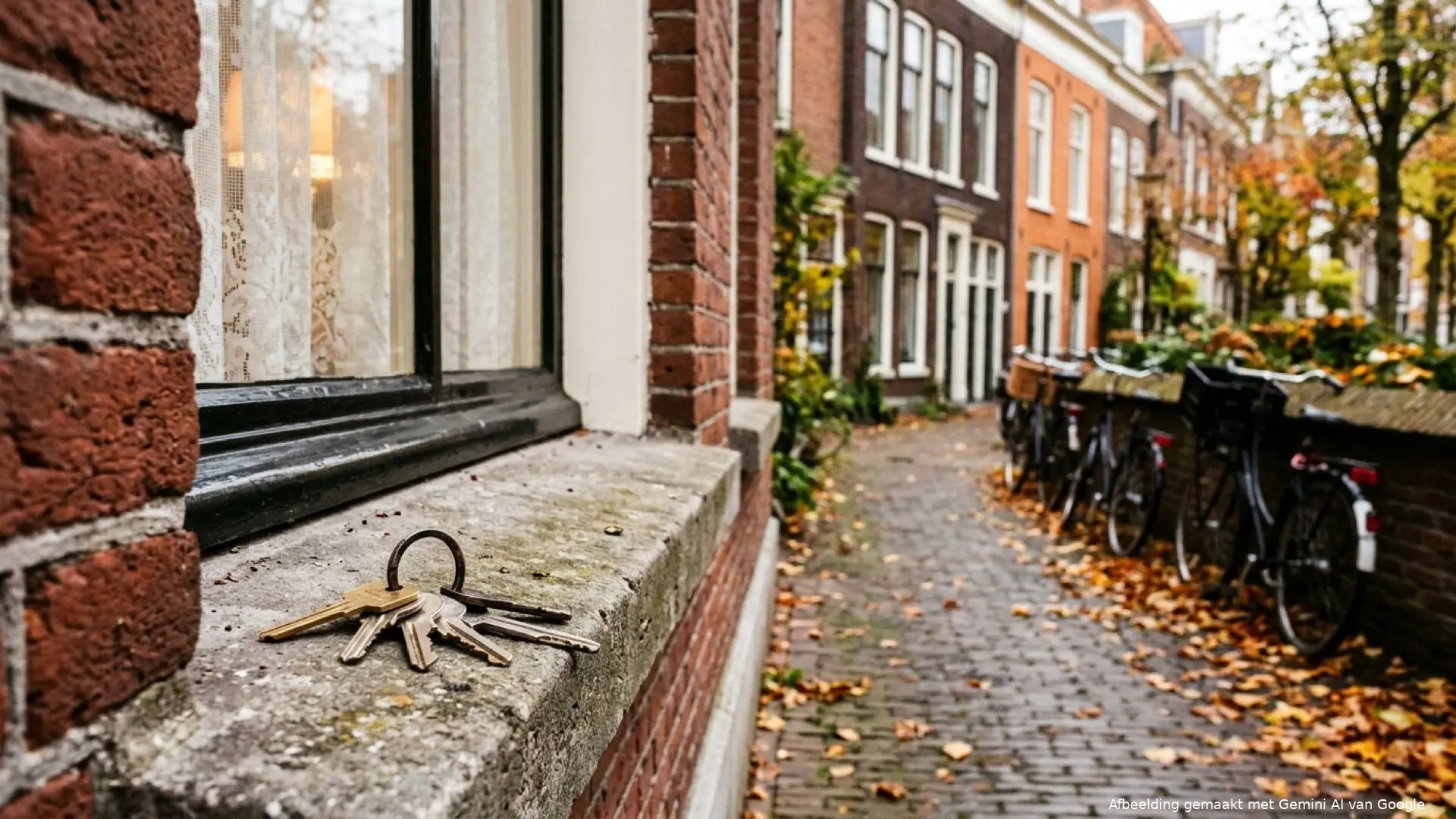 Bos huissleutels op de stenen vensterbank van een Nederlands bakstenen huis, met geparkeerde fietsen en herfstbladeren.
