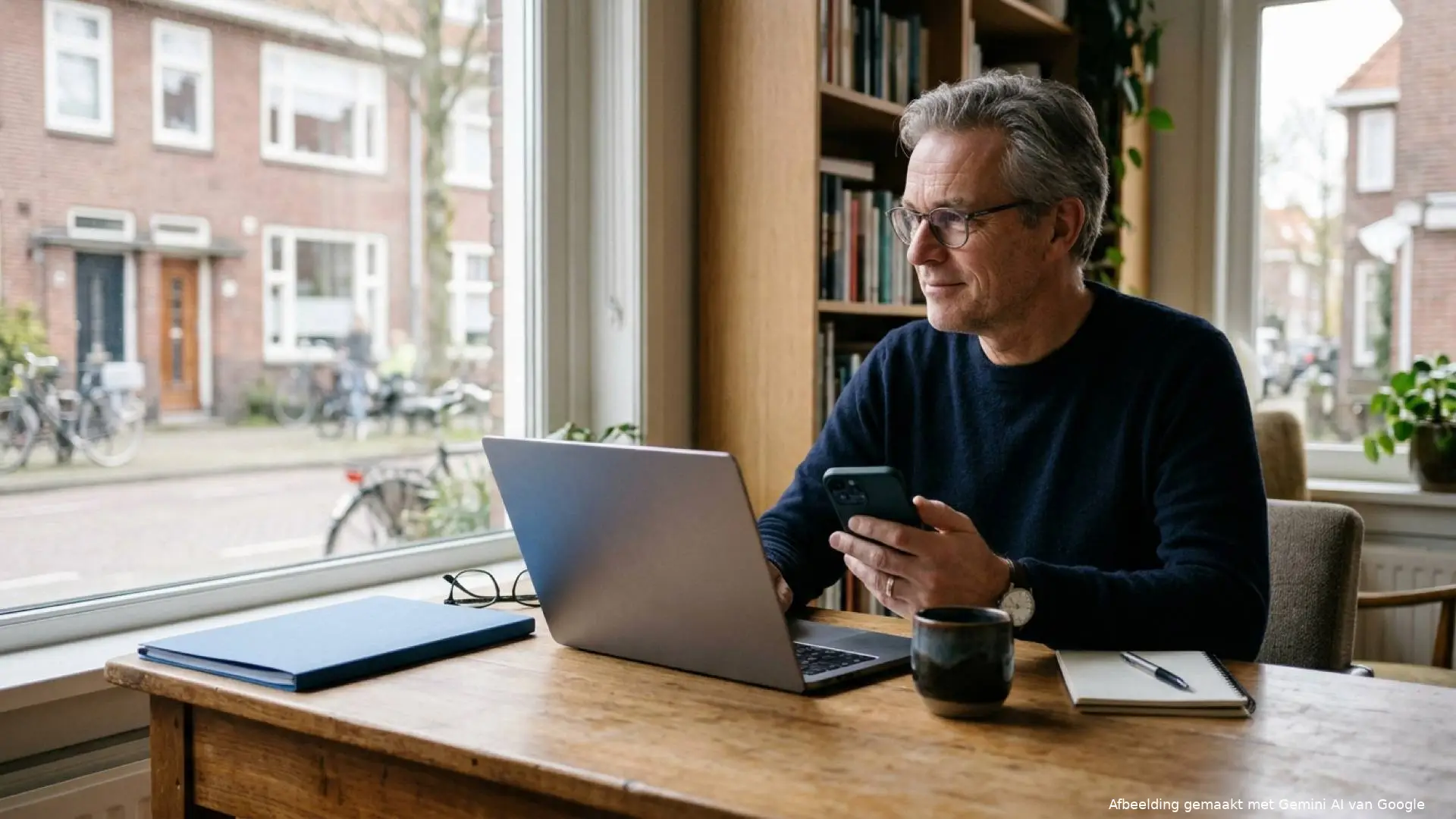 Man met bril aan een houten bureau bij het raam met een smartphone, een laptop, een blauwe map en een mok
