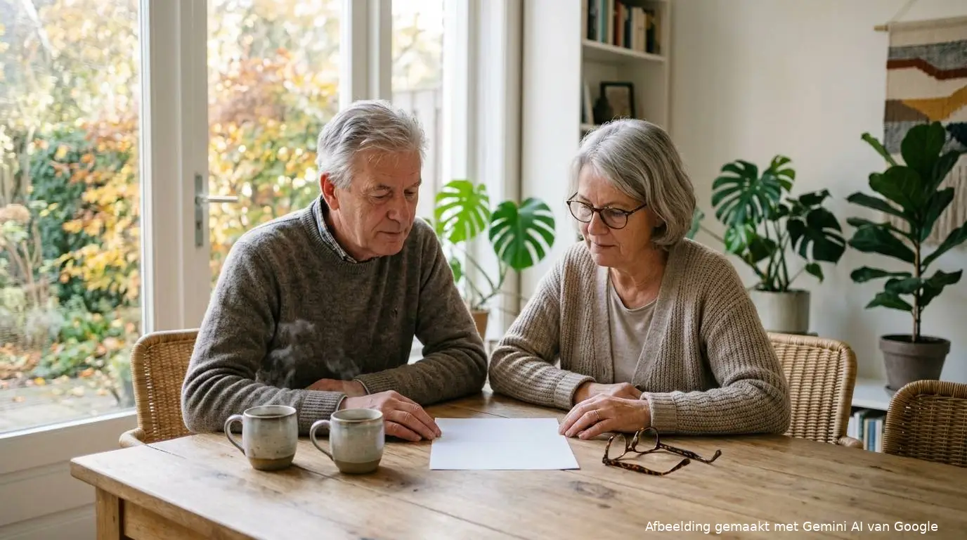 Ouder echtpaar bekijkt samen aan de houten eettafel een papieren overzicht voor hun pensioen.