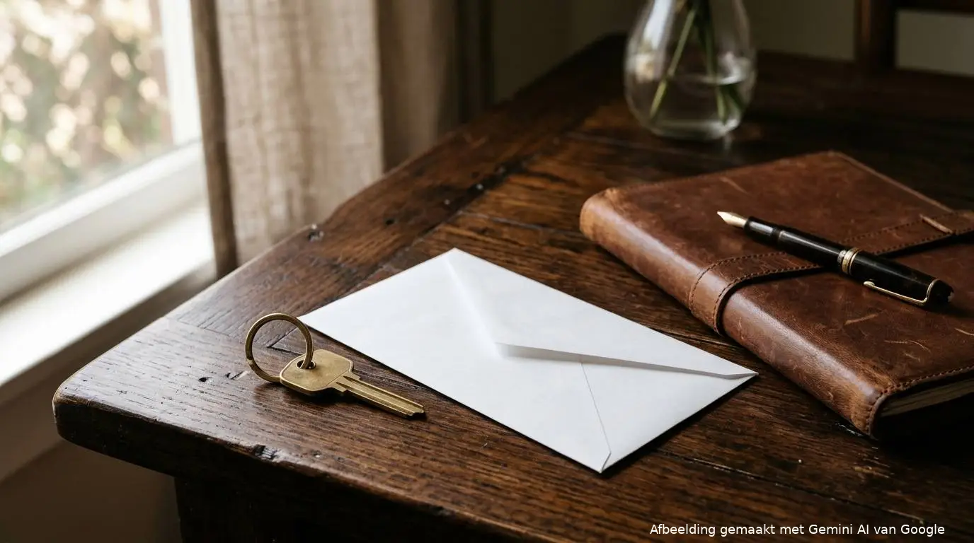 Koperen huissleutel en dichte witte envelop naast een leren dossiermap en vulpen op een houten tafel.