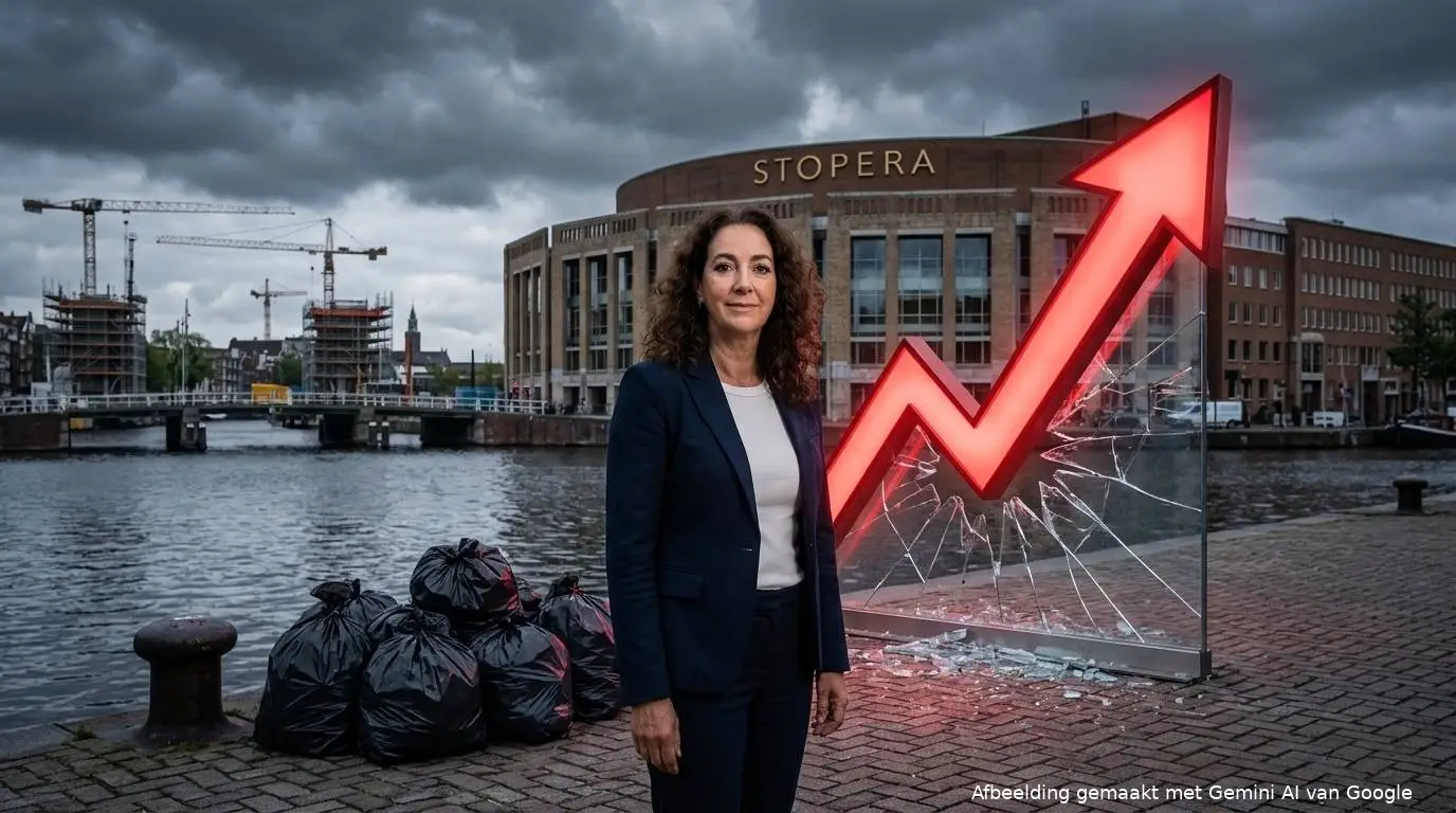PRO-burgemeester Femke Halsema voor de Stopera in Amsterdam naast vuilniszakken en een rode pijl van de gemeenteschuld.