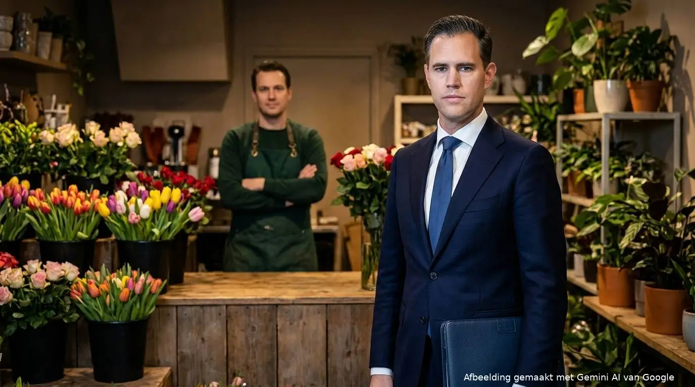 VVD-minister Eelco Heinen met belastingmap voor een bloemist in een lege bloemenwinkel