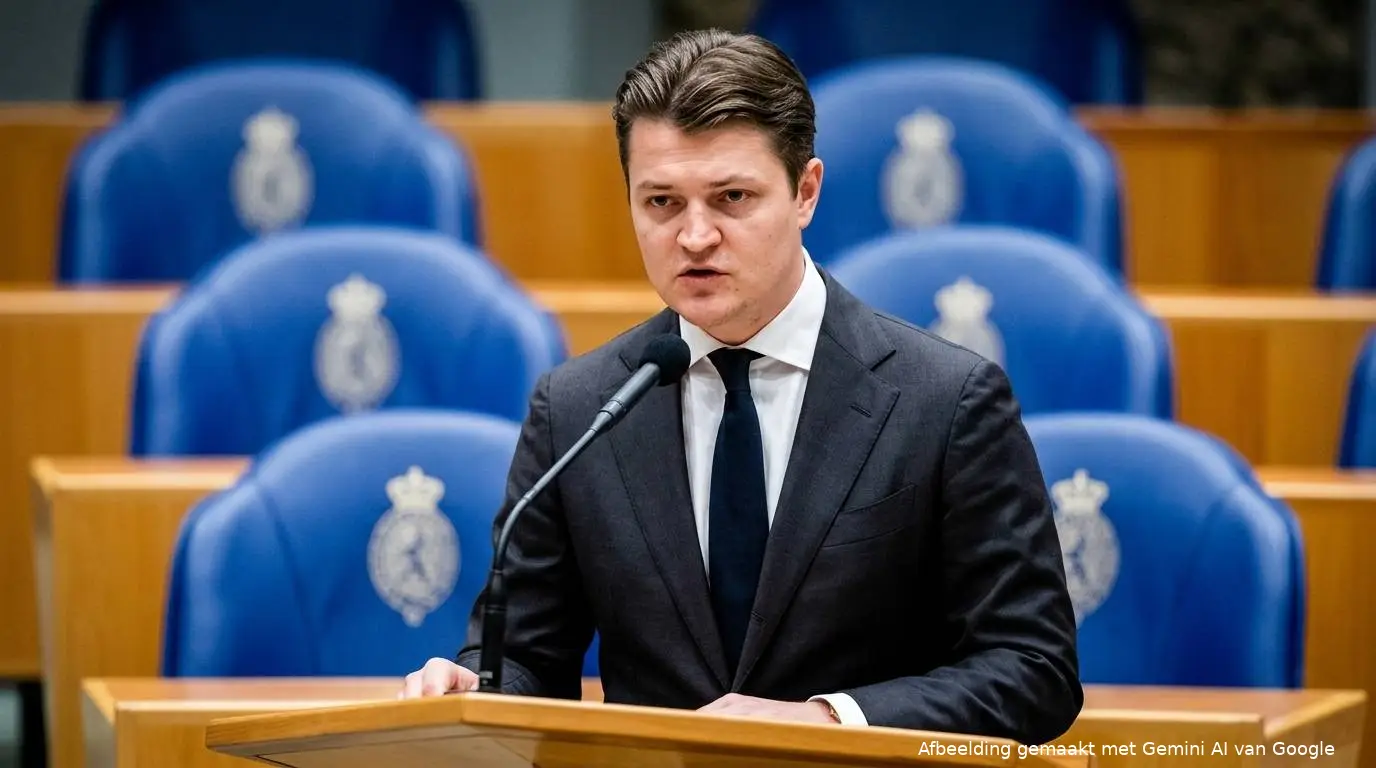 FVD-Kamerlid Milan Schenk achter het spreekgestoelte in de Tweede Kamer tijdens de Regeling van werkzaamheden.