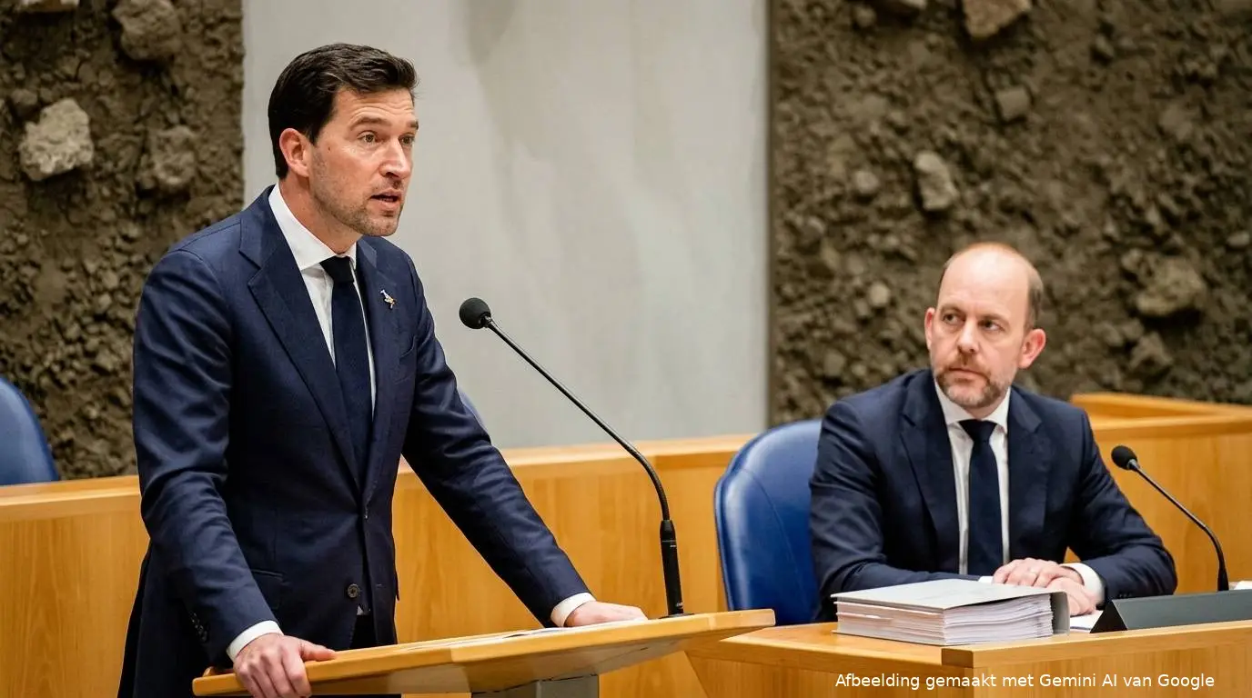 CDA-minister Bart van den Brink en VVD-minister Dilan Yeşilgöz in overleg in vak K van de Tweede Kamer.