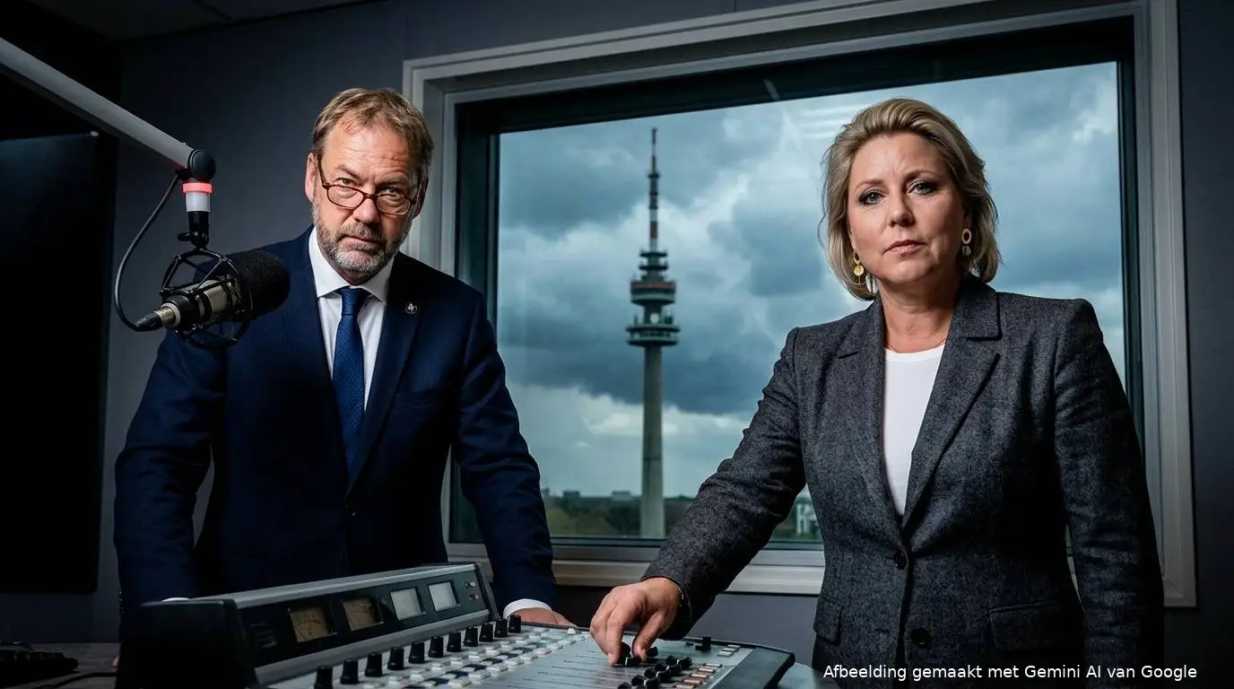 FVD-senator Eric Kemperman en D66-minister Rianne Letschert in een donkere lokale radiostudio