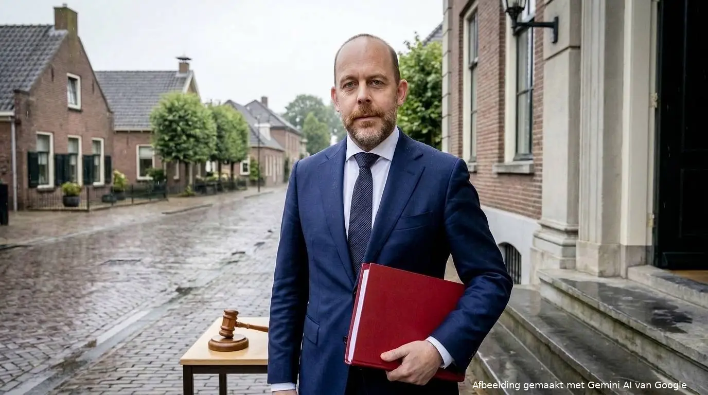 CDA-minister Bart van den Brink met een rood staatsdossier voor een rechtbank en dorpsstraat