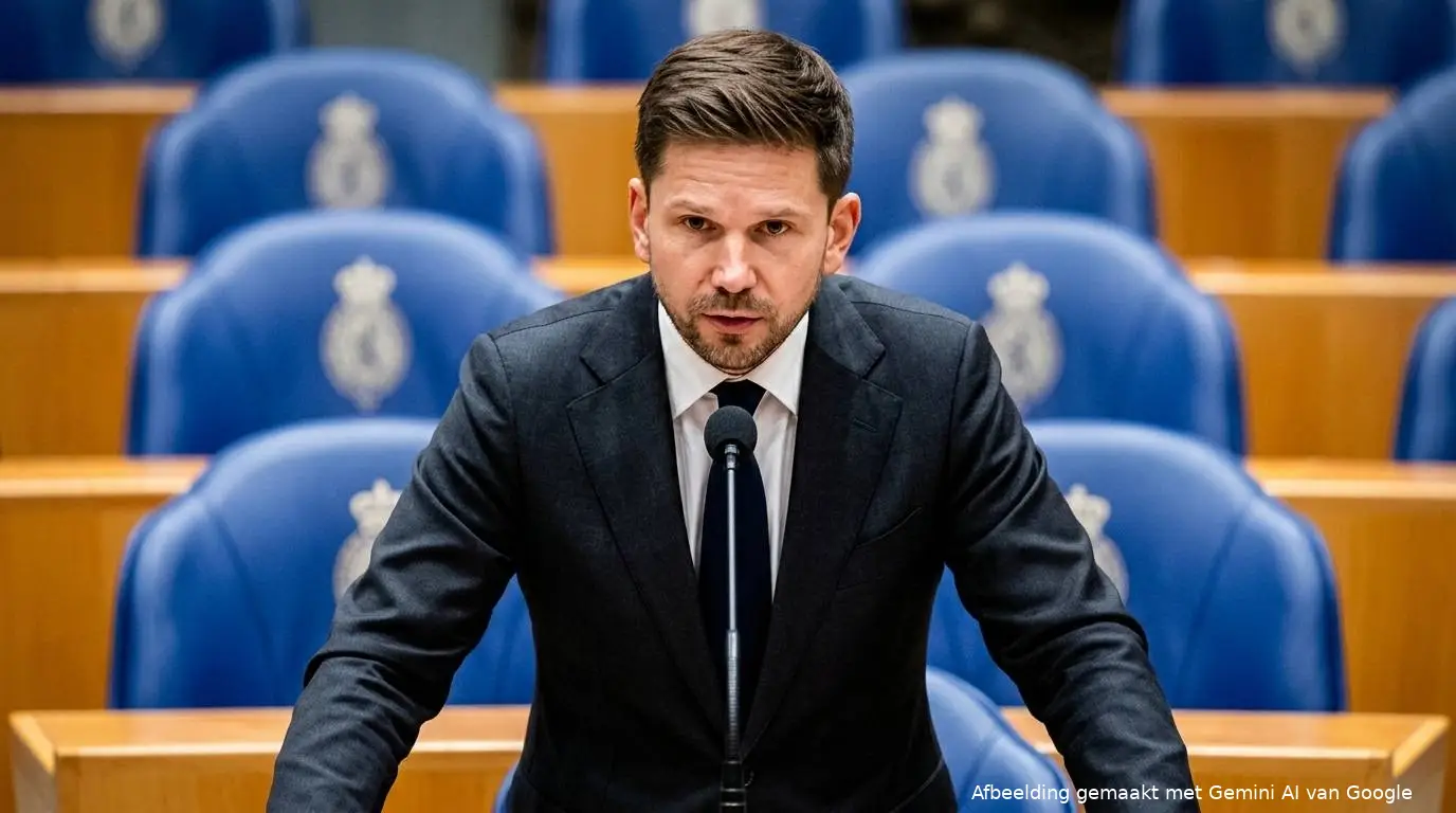 AI-illustratie van FVD-Kamerlid Gideon van Meijeren bij de interruptiemicrofoon in de Tweede Kamer, tijdens het debat met premier Jetten