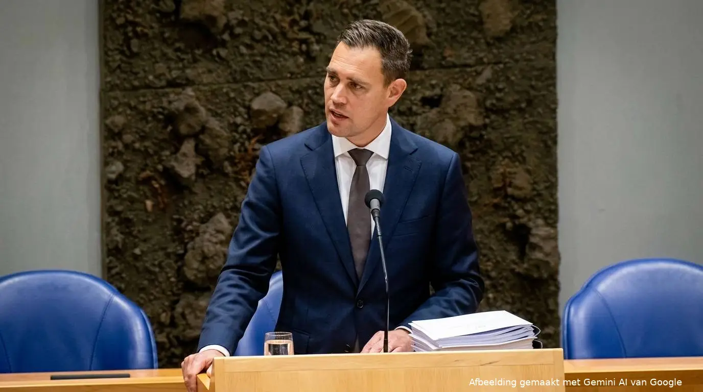 VVD-minister van Financiën Eelco Heinen achter het spreekgestoelte in de Tweede Kamer met zijn Kamerbrief over banken.