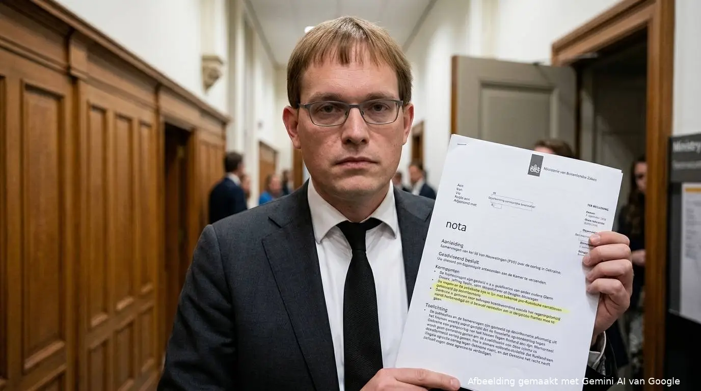 FVD-Kamerlid Pepijn van Houwelingen toont in de Tweede Kamer de beslisnota van Buitenlandse Zaken over de oorlog in Oekraïne.