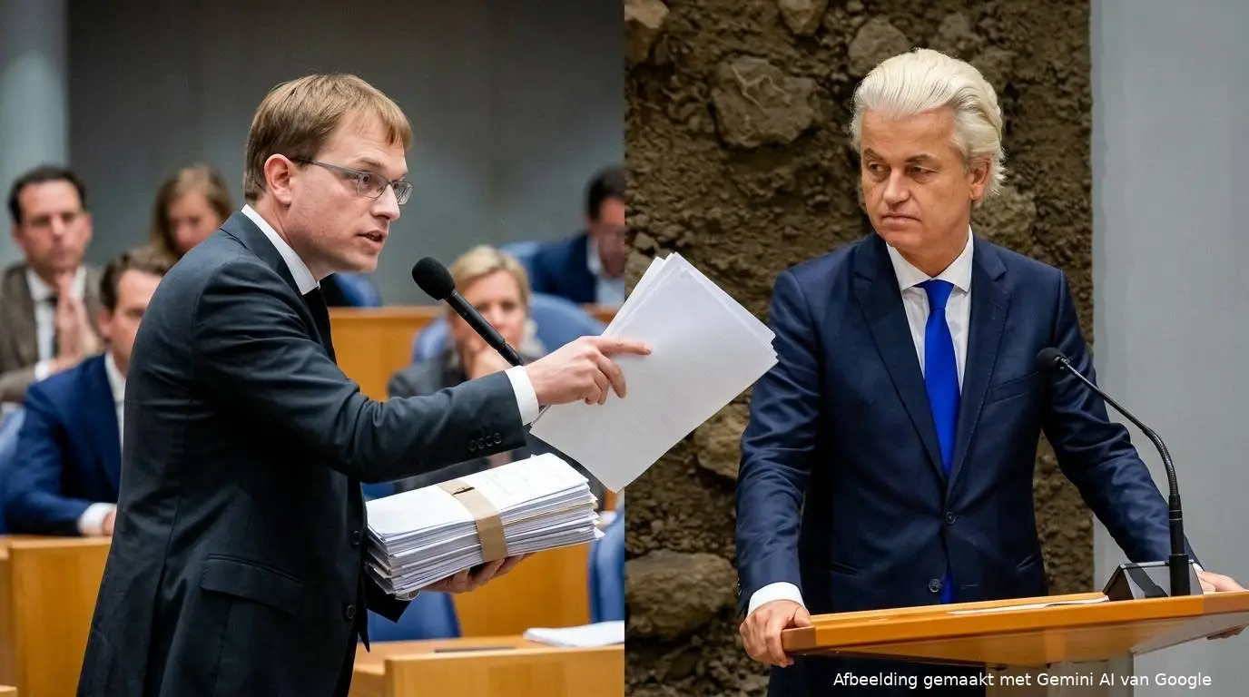 FVD-Kamerlid Pepijn van Houwelingen spreekt PVV-leider Geert Wilders aan op de miljardensteun aan Oekraïne en Zelensky