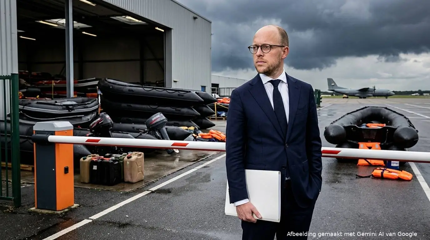 AI-illustratie van Eelco Eerenberg bij een openstaande douaneslagboom met op de achtergrond een loods en vrachtvliegtuig vol zwarte smokkel-rubberboten, buitenboordmotoren en oranje reddingsvesten.
