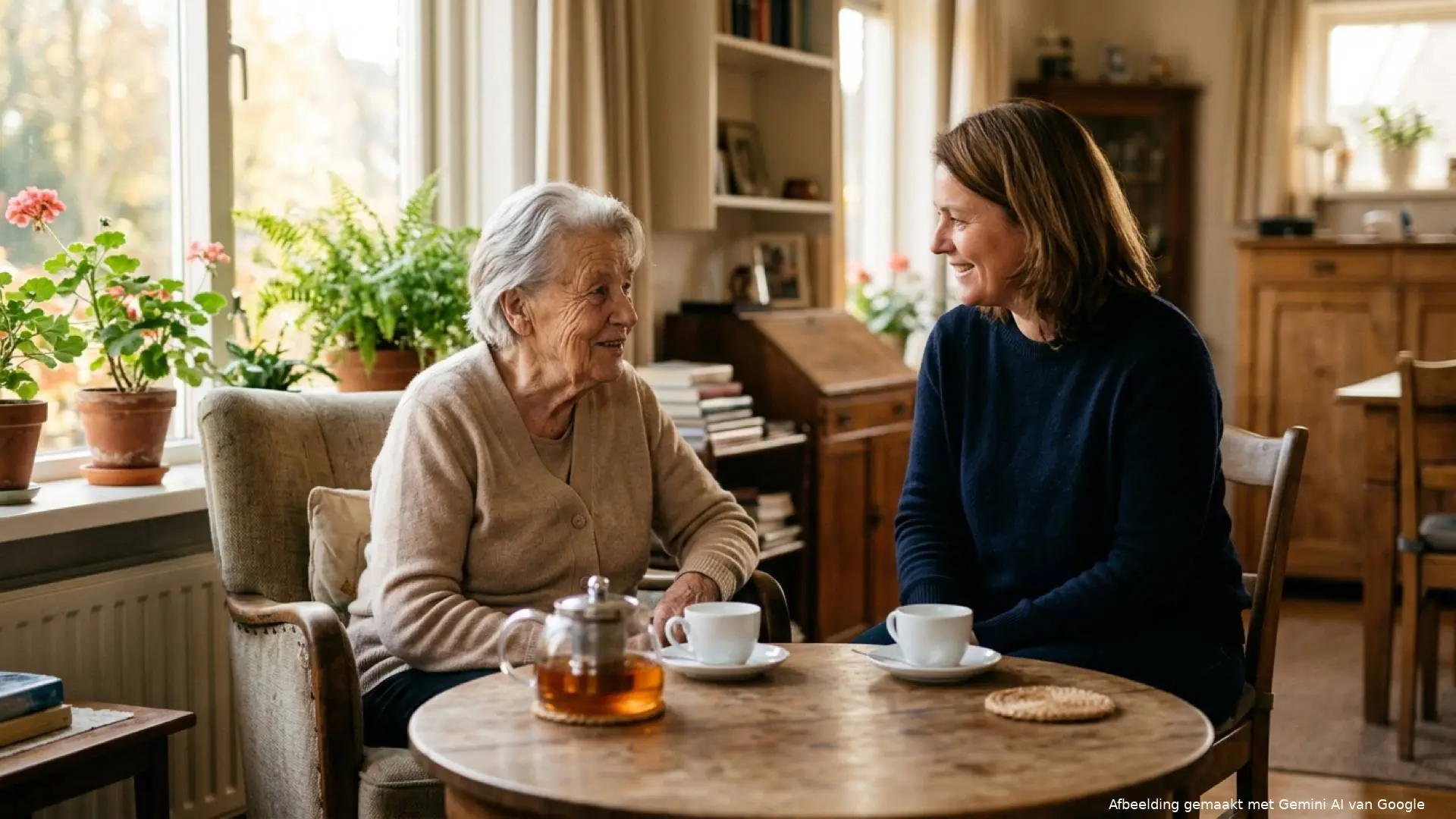 Oudere Nederlandse vrouw in een beige vest drinkt aan de salontafel thee met een thuiszorgmedewerker in de woonkamer