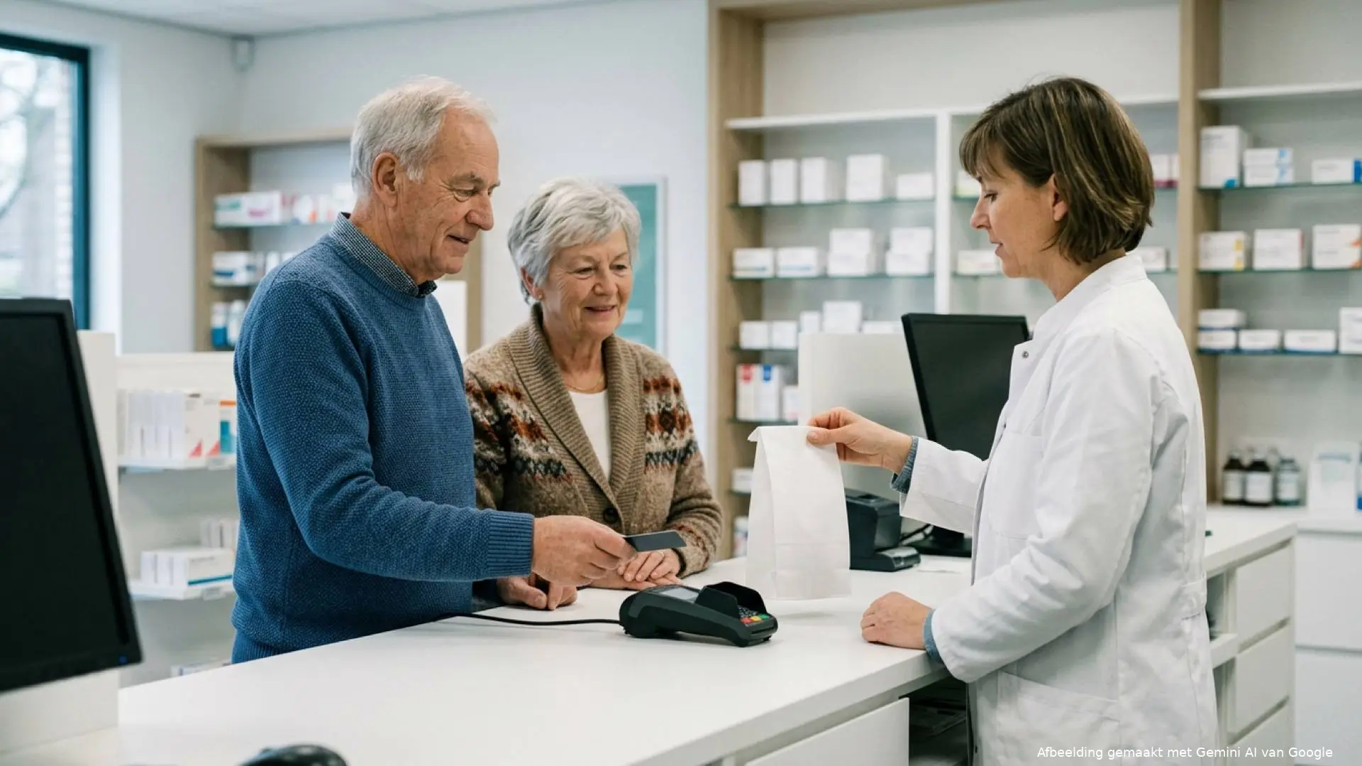Ouder echtpaar betaalt met een bankpas aan de balie van een apotheek bij het ophalen van een papieren zakje medicijnen.