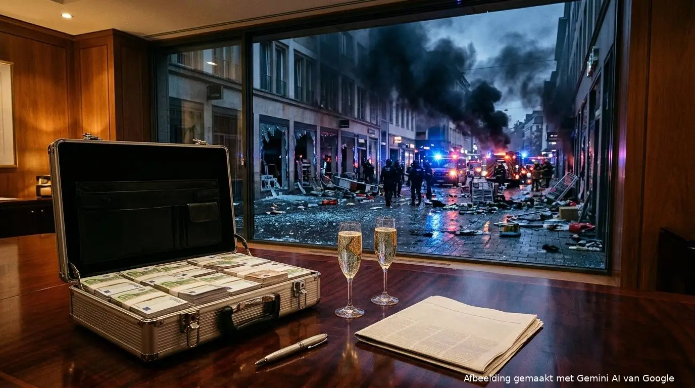 En glimmende open subsidiekoffer vol eurobiljetten en champagneglazen op een vergadertafel op de voorgrond, met door het raam op de achtergrond een geplunderde Franse winkelstraat vol ingegooide etalageruiten en blauwe zwaailichten.