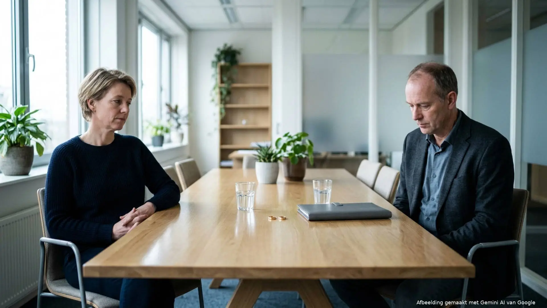 Man en vrouw zitten tegenover elkaar aan een houten tafel met twee losse trouwringen en twee glazen water ertussen.