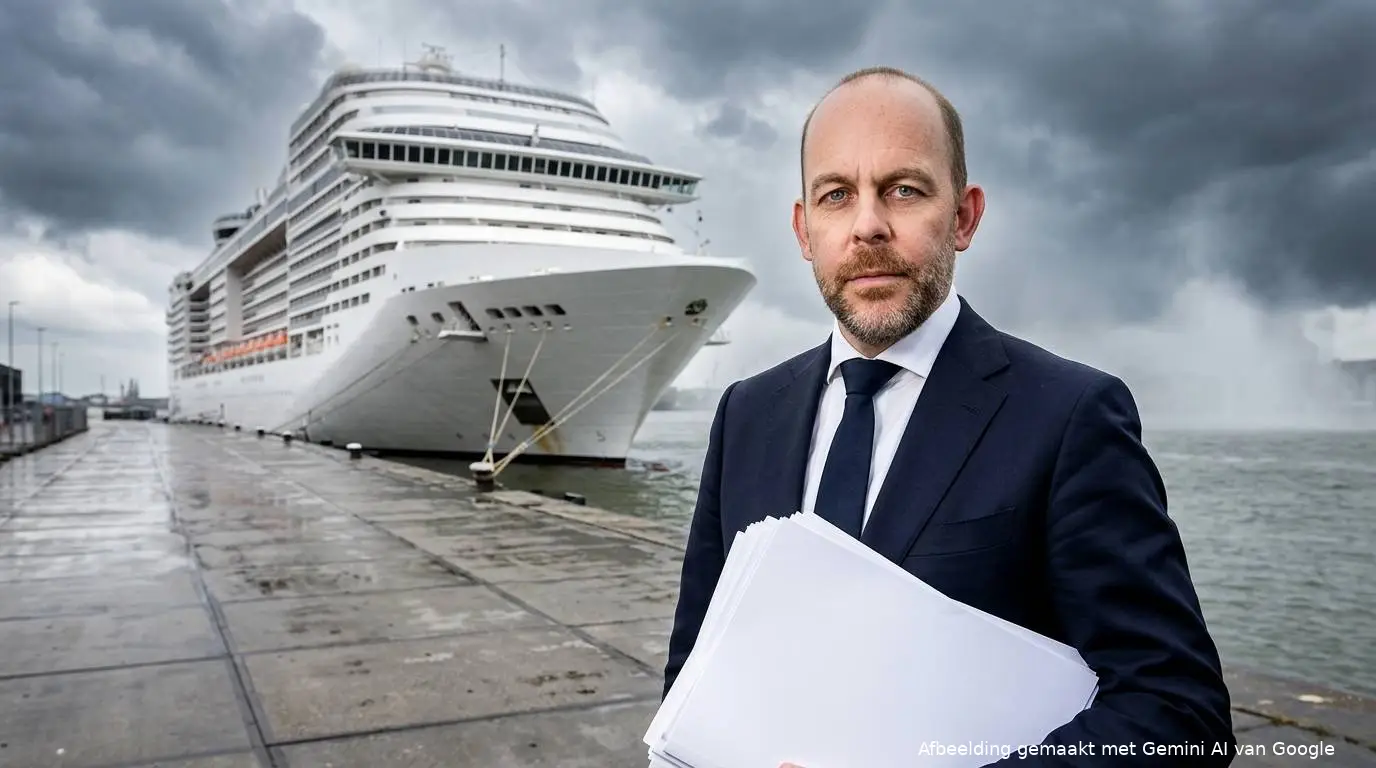 CDA-minister Bart van den Brink met een stapel papieren op een natte kade voor een groot wit passagiersschip