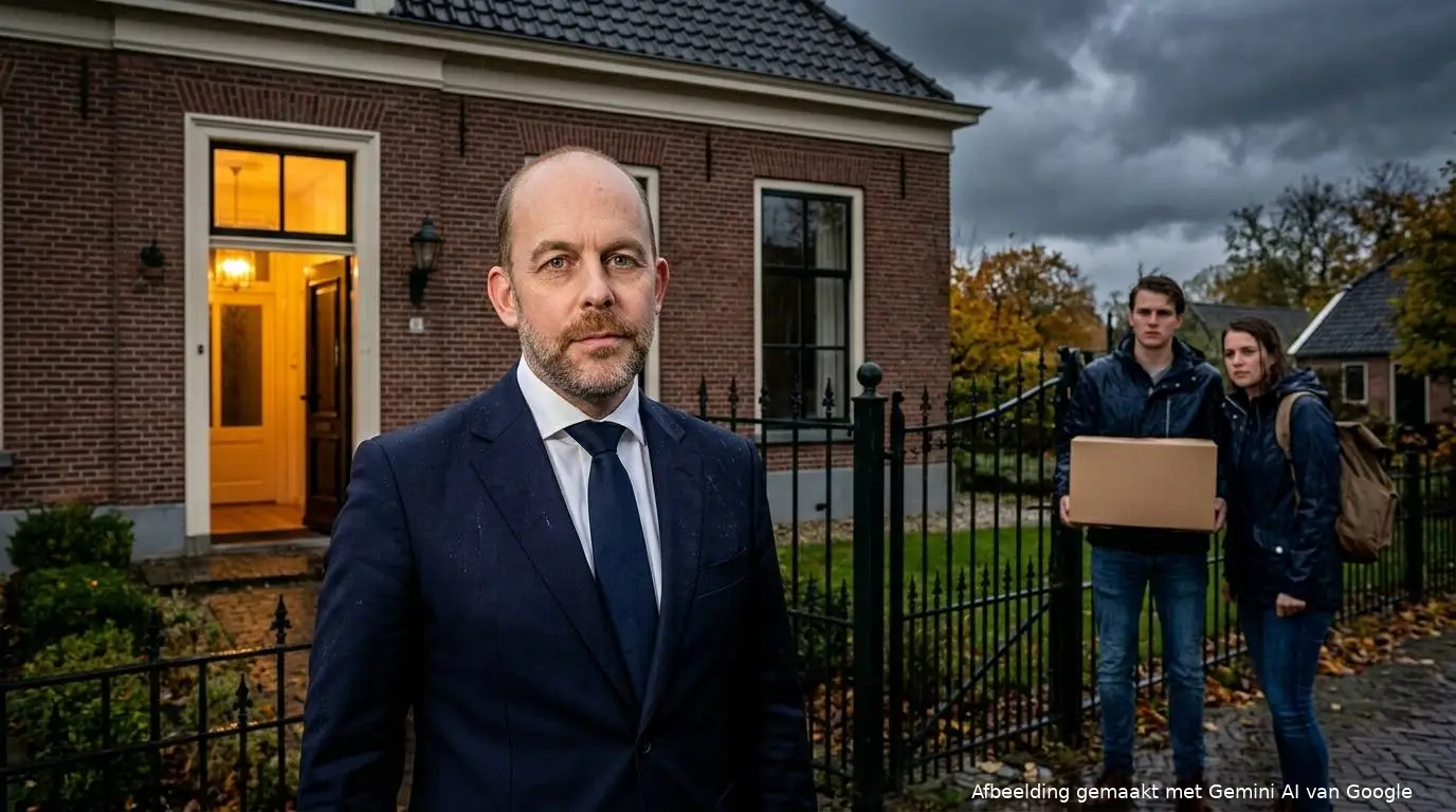 CDA-minister Bart van den Brink voor een pastorie, terwijl een jong stel met een verhuisdoos buiten het hek staat