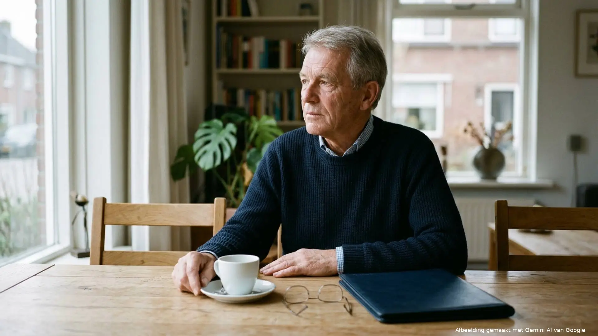 Man van middelbare leeftijd met grijs haar zit aan een houten eettafel met een kop koffie, leesbril en donkere map.