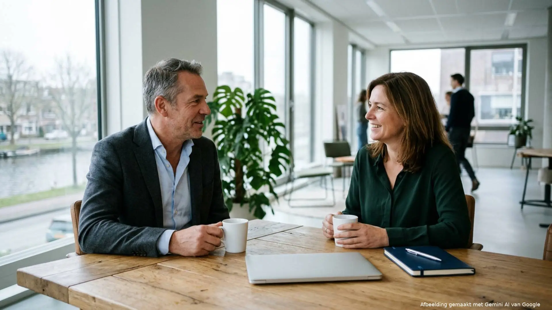 Nederlandse man en vrouw zitten in een lichte kantoorruimte aan een houten tafel met twee koffiemokken en een laptop