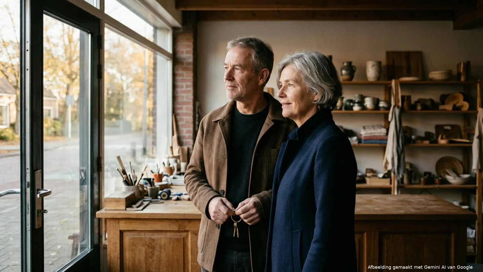 Nederlands ondernemersechtpaar staat met een koperen sleutelring bij de houten toonbank van hun kleine familiezaak