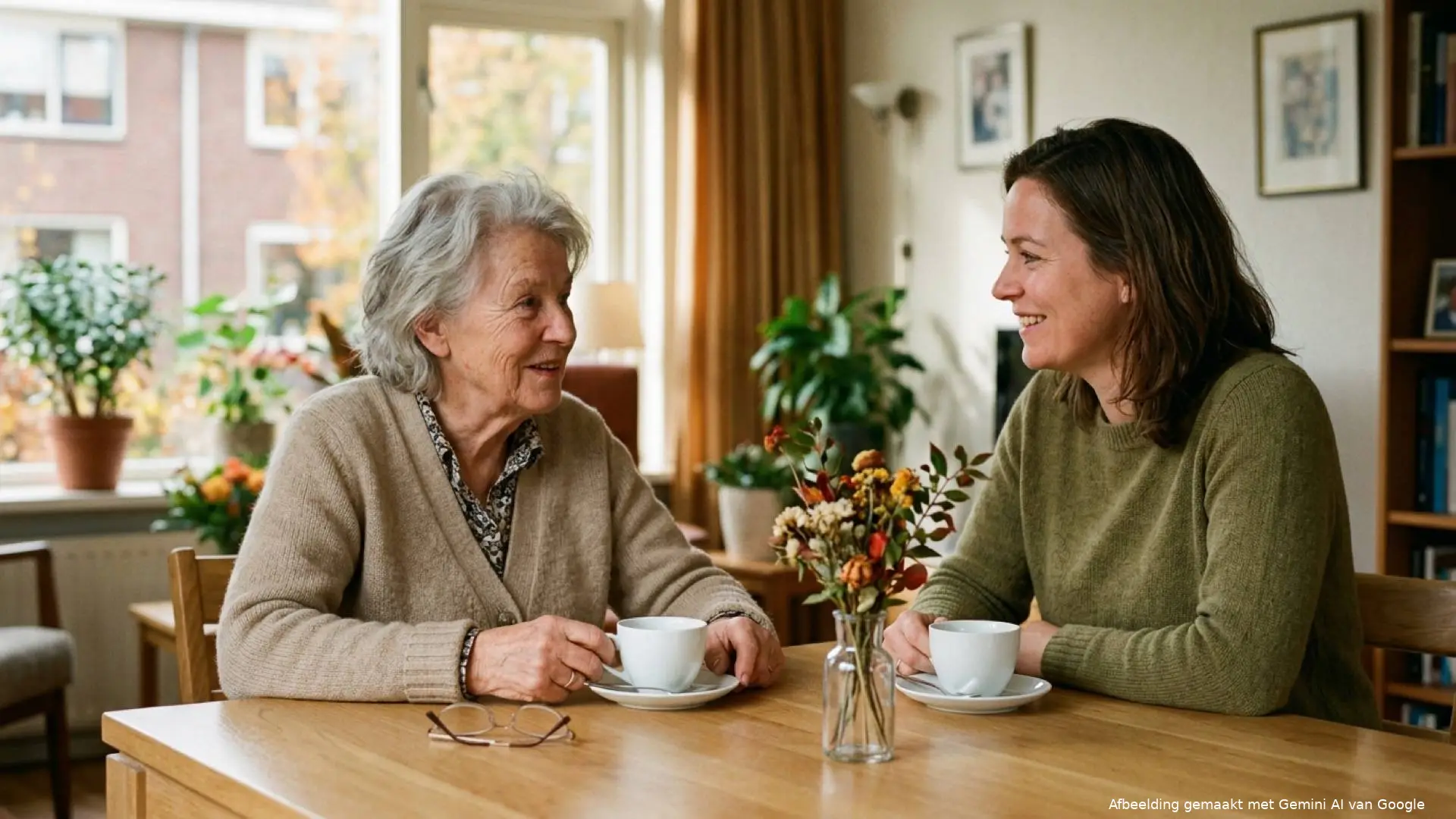 Oudere vrouw in beige vest en jongere vrouw in groene trui drinken samen koffie aan een houten eettafel in huis.