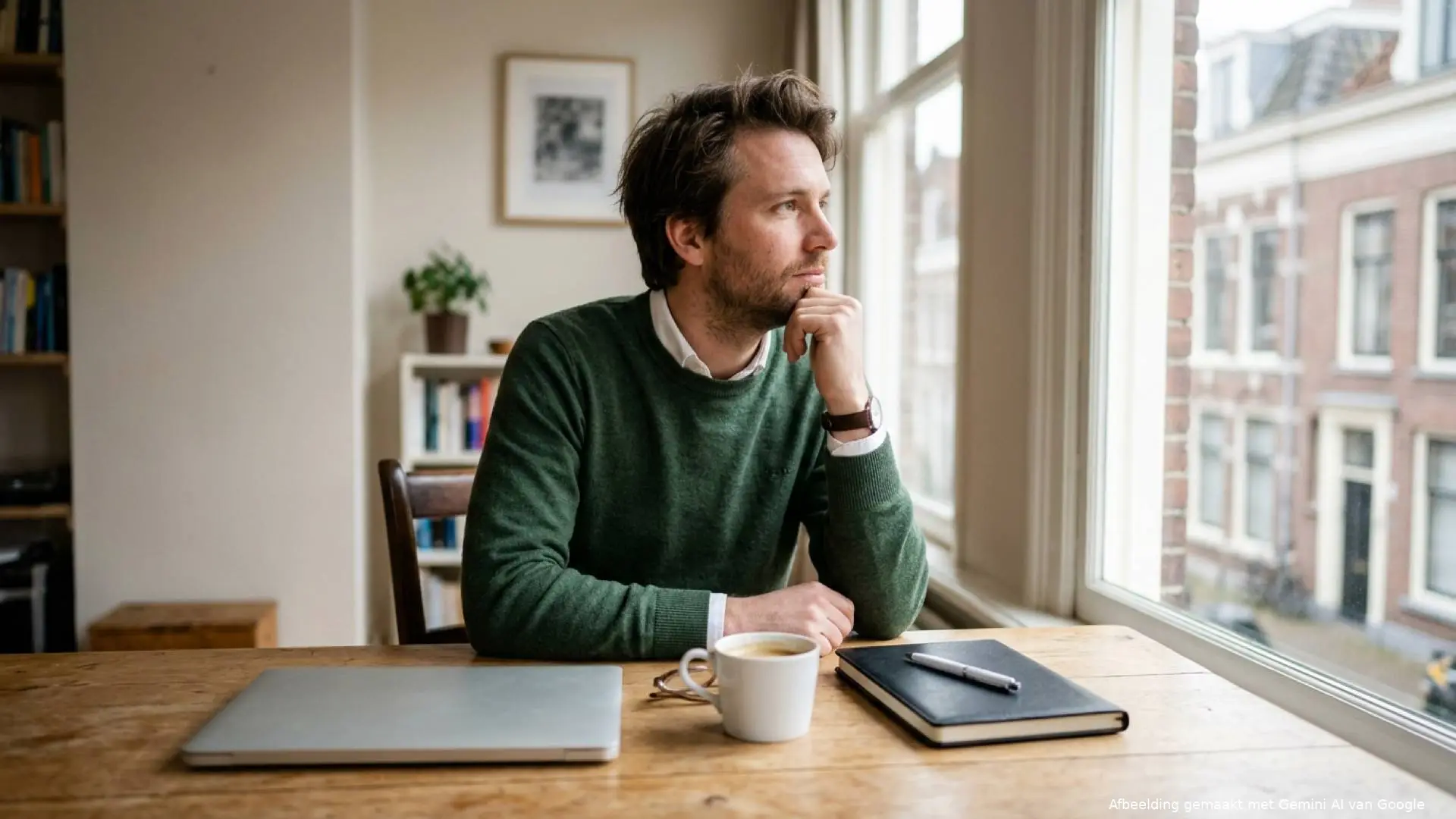 Nederlandse man in een groene trui zit aan een houten bureau met een dichte laptop, koffiemok en zwart notitieboek