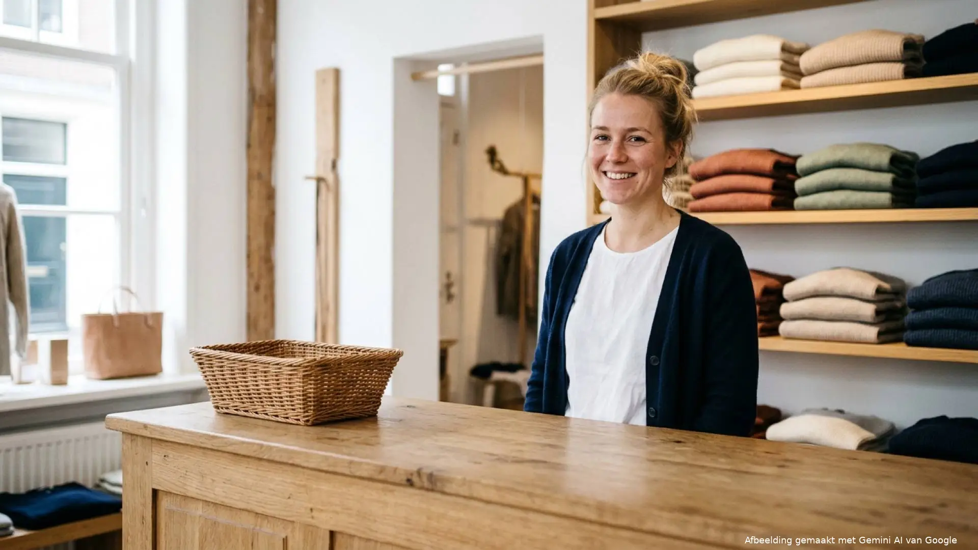 Nederlandse winkelmedewerkster in een donkerblauw vest staat achter een houten toonbank naast gevouwen wollen truien