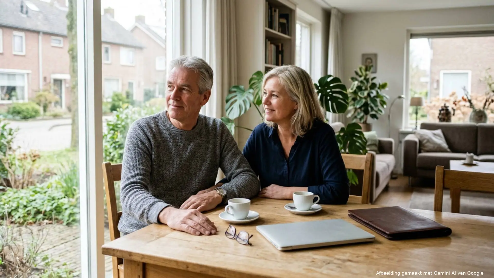 Nederlands echtpaar zit aan een eikentafel met twee kopjes koffie, een leesbril, een dichte laptop en een bruine map