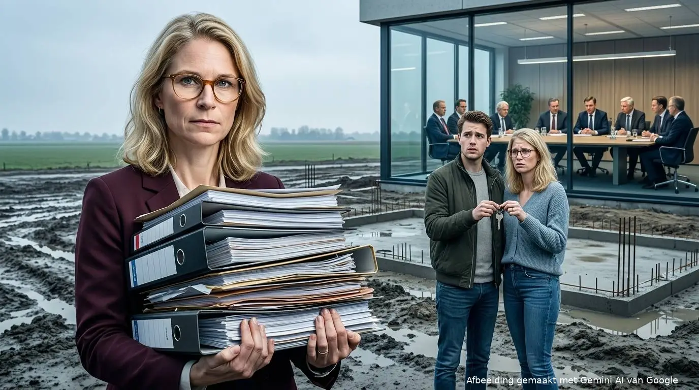 D66-minister Elanor Boekholt-O'Sullivan met een stapel beleidsmappen bij een stilgevallen bouwterrein en woningzoekenden.