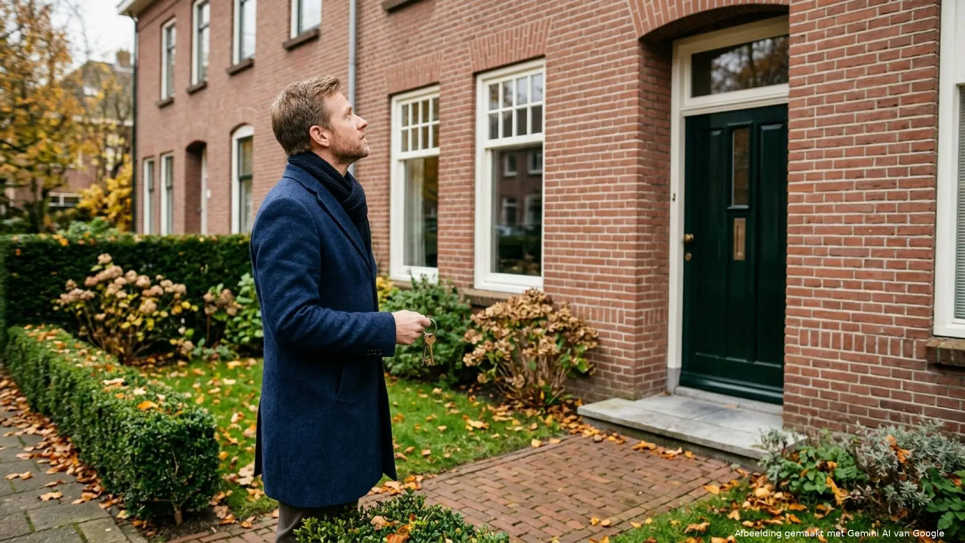 Man in een donkerblauwe jas met een sleutelbos in zijn hand kijkt omhoog naar de gevel van een bakstenen rijtjeshuis.