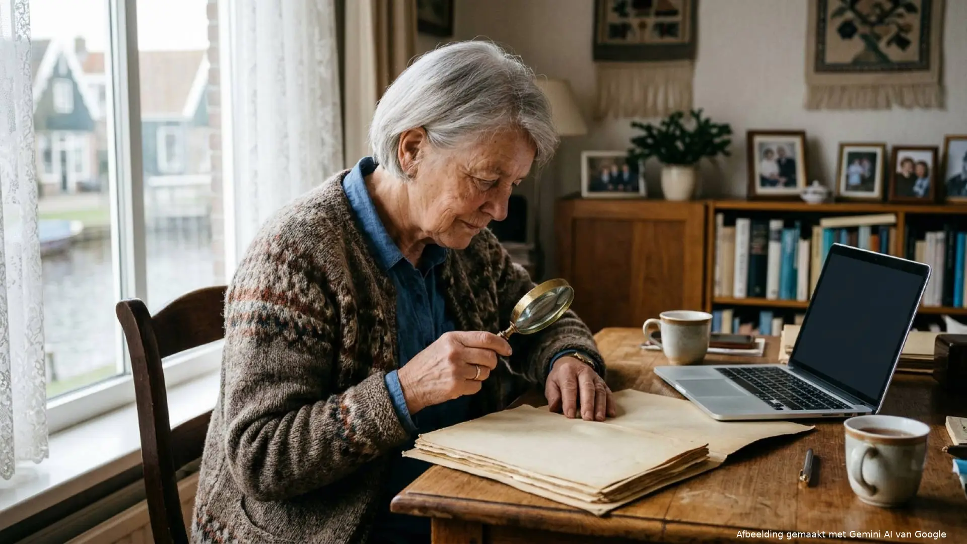 Oudere vrouw bekijkt aan een houten bureau bij het raam met een vergrootglas een oude dossiermap naast een open laptop.
