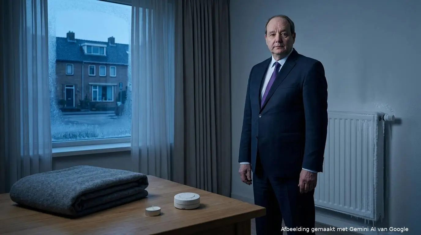 D66-minister Hans Vijlbrief staat in een koude, donkere woonkamer naast een bevroren, uitgeschakelde radiator en een wollen deken.