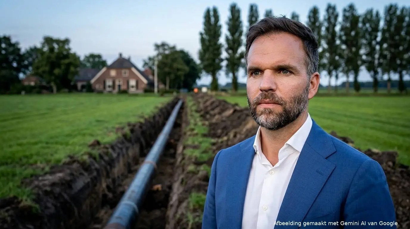 Staatssecretaris Derk Boswijk bij een weiland met een sleuf en een stalen buis, met een boerderij op de achtergrond