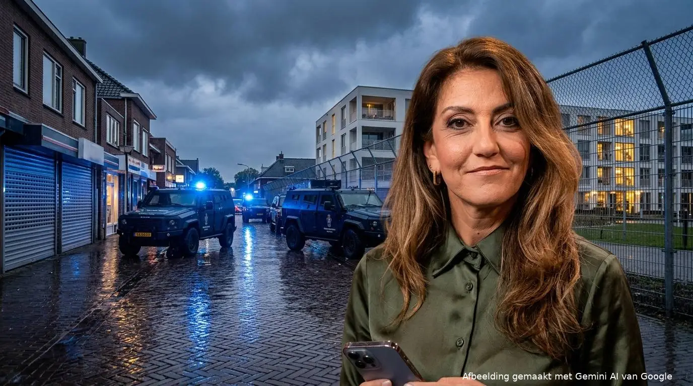 Minister Dilan Yeşilgöz naast een voertuig van de Koninklijke Marechaussee in de winkelstraat van Ter Apel.
