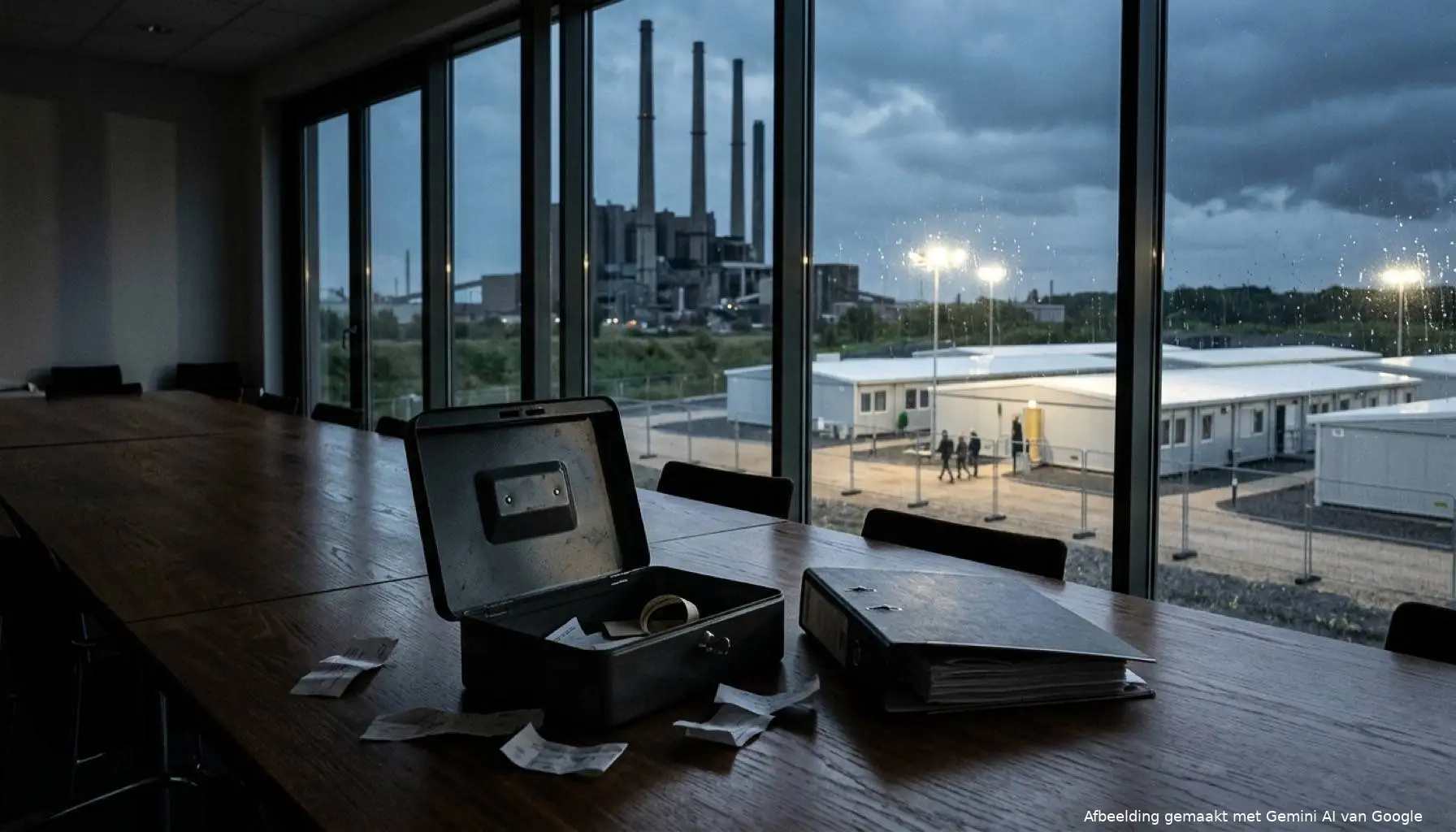 Geopende geldkist met bonnetjes en een ordner op een vergadertafel, met door het raam een fabriek met schoorstenen en een containerkamp voor asielopvang.