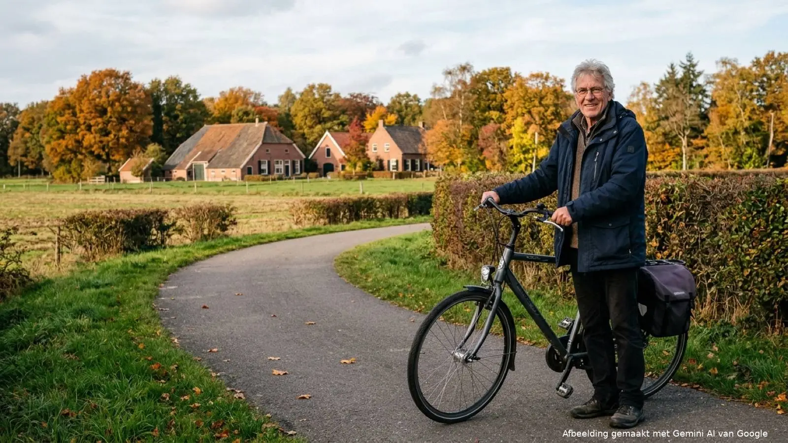 Oudere Nederlandse man met fiets bij de grens die naast zijn AOW een Duitse ouderdomsrente ontvangt