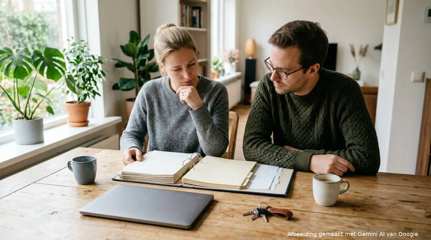 Broer en zus bekijken aan een houten eettafel een blauwe ordner met de administratie van een nalatenschap.