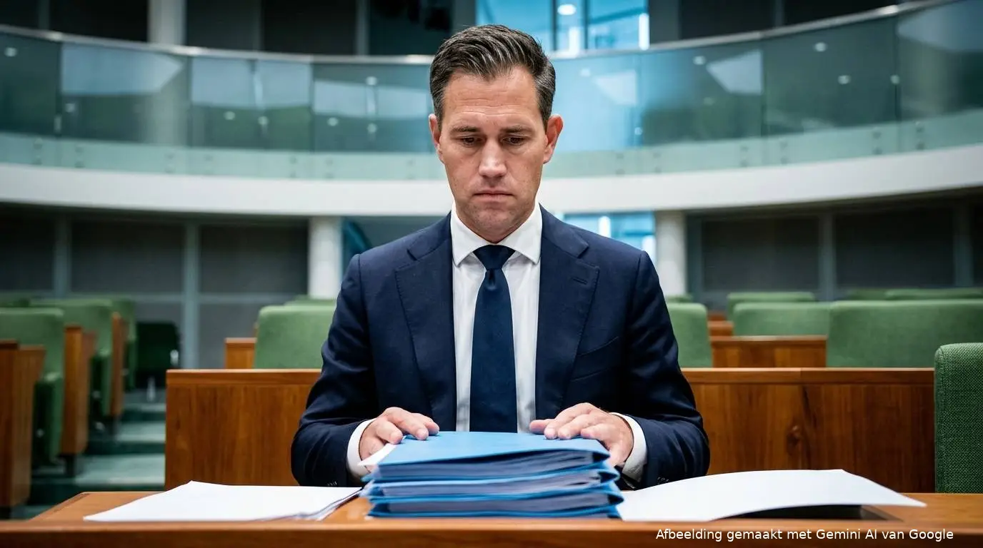 VVD-minister van Financiën Eelco Heinen achter de regeringstafel met een stapel blauwe belastingdossiers.