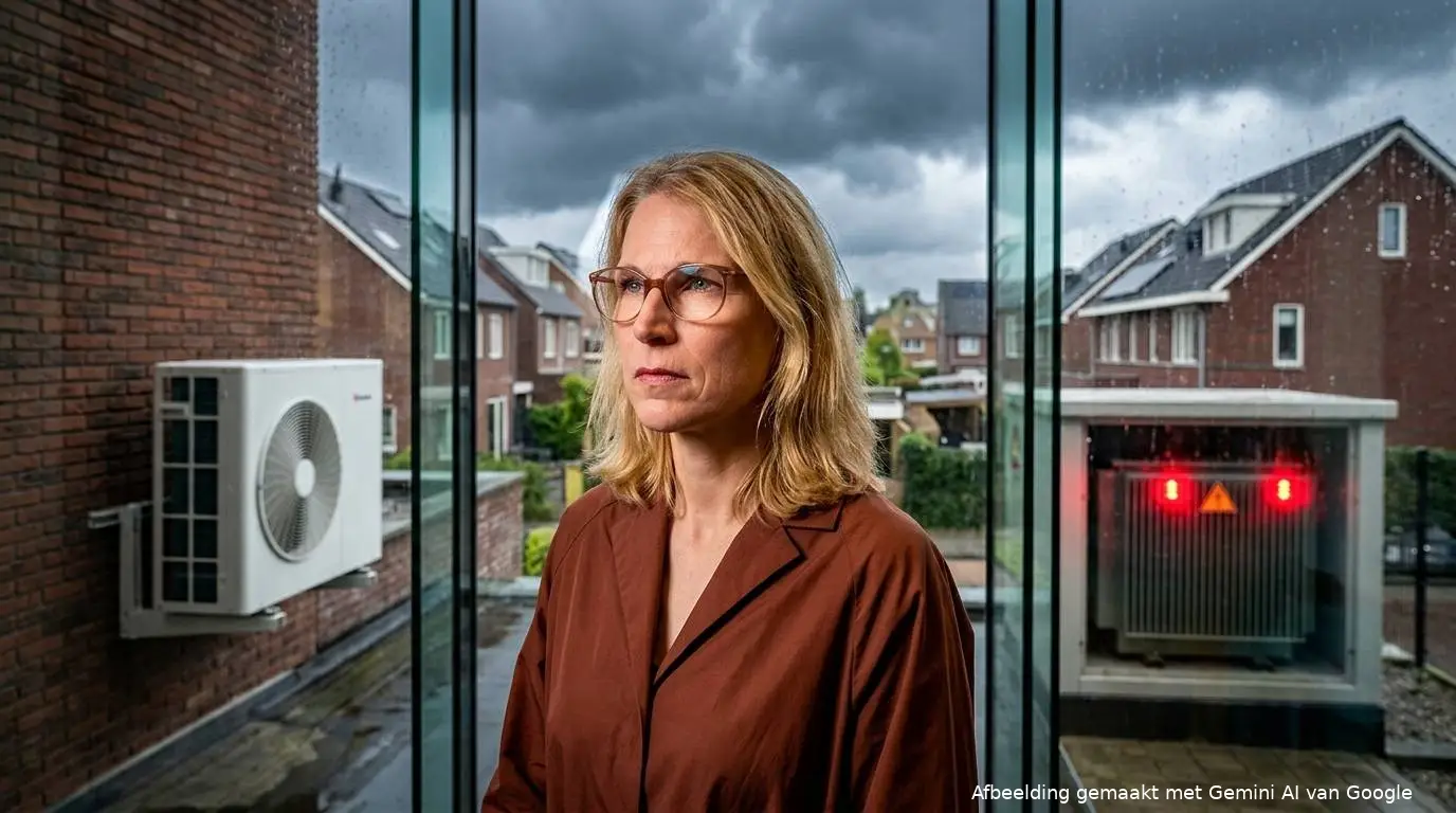 Illustratie van minister Elanor Boekholt-O'Sullivan bij een Nederlandse rijtjeswoning met een warmtepomp en een overbelast transformatorhuisje in de straat.