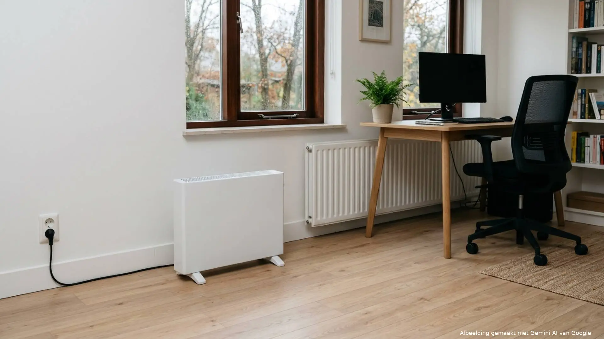 Illustratie van een elektrische kachel in een werkkamer, rechtstreeks aangesloten op een wandstopcontact.
