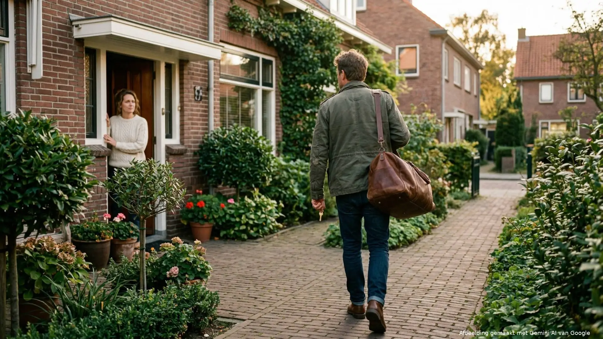 Man loopt met een reistas en sleutelbos het tuinpad af bij een rijtjeshuis terwijl zijn ex in de deuropening staat.