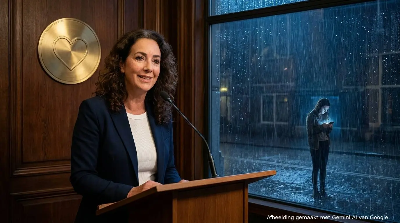 AI-illustratie: Halsema glimlacht achter een katheder, buiten staat een jonge vrouw alleen in de regen met haar telefoon