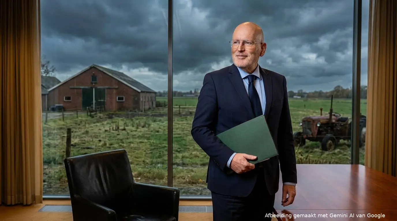 Frans Timmermans met een groene map in een bestuurskamer, met door het raam een boerderij en een oude tractor