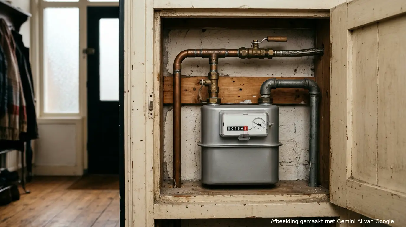 Gasmeter in de meterkast van een Nederlandse woning, in koel daglicht
